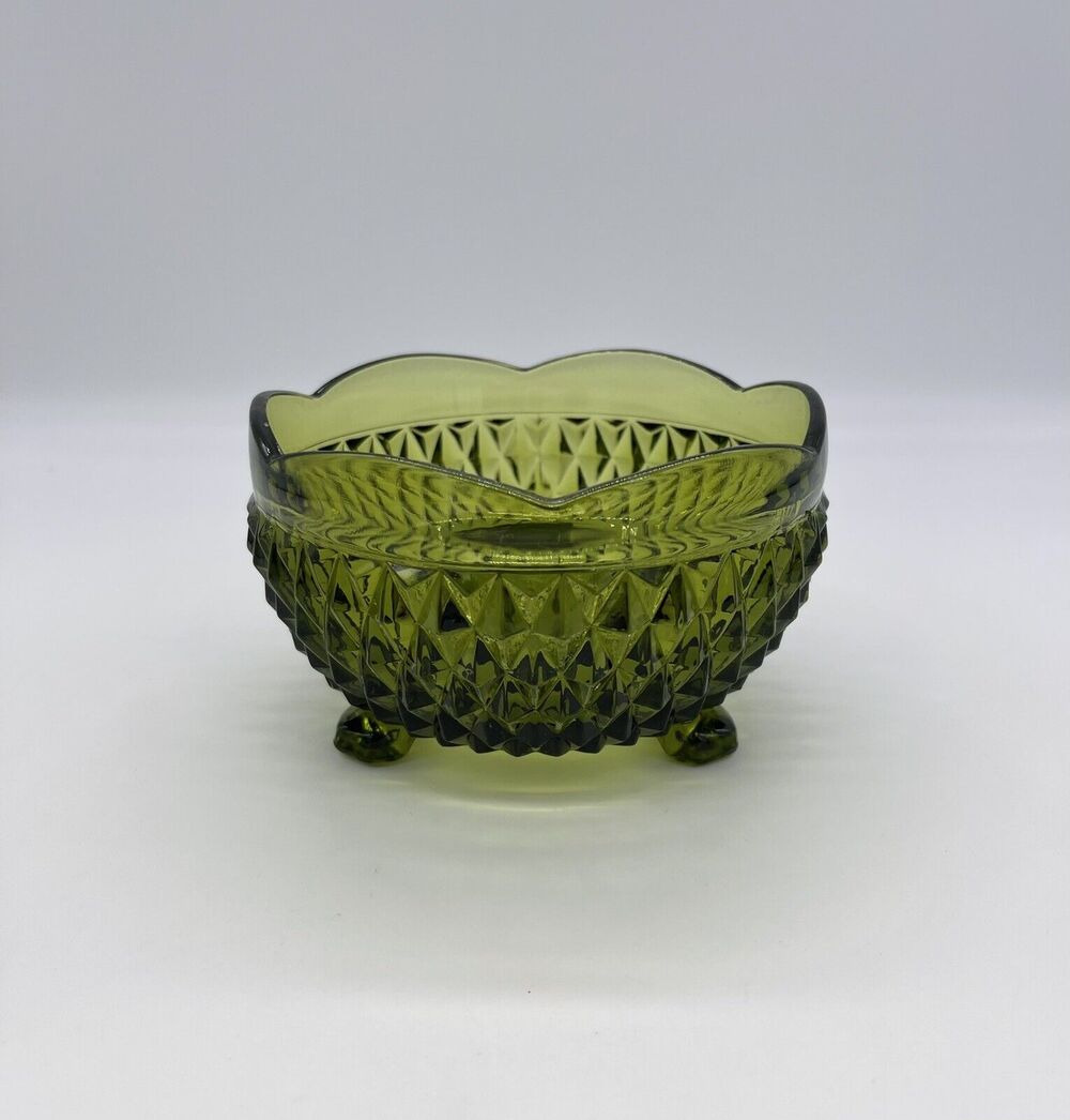 Vintage Green Indiana Glass Footed Bowl Candy Dish 3” x 5” Diamond Pattern